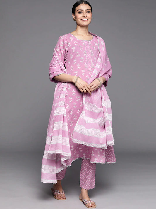 Women Lavender Flare Cotton Kurta set with Dupatta