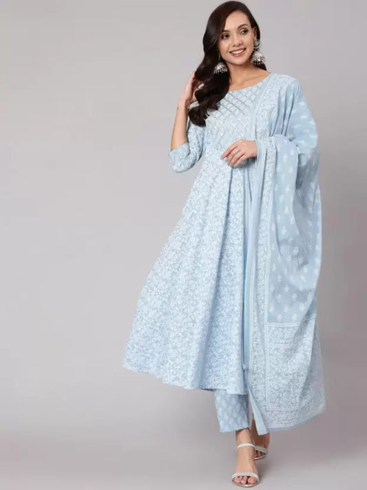 Women Pastel Anarkali Cotton Kurta set with Dupatta