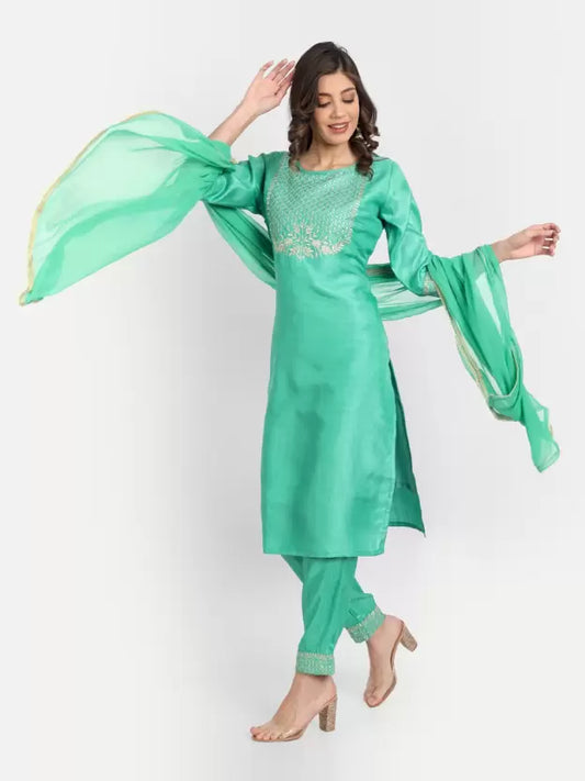 Women Light Green Cotton Blend Kurta set