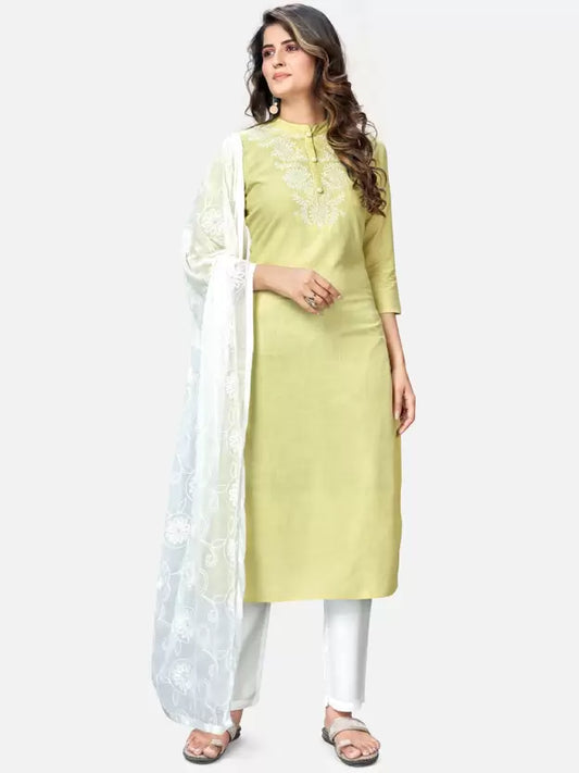 Women Embroidered Mandarin Collar Kurta , Pant and Dupatta set