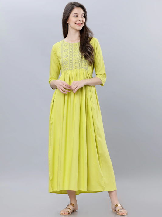 Women Lime Green Maxi Dress With Embroidery