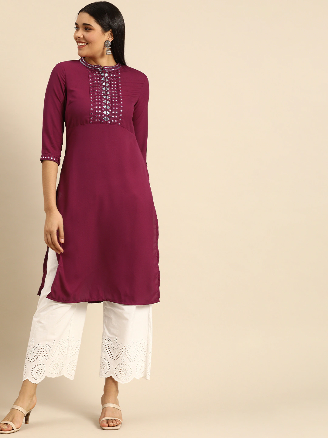 Women Magenta Embroidered Mirror Work Kurta Top