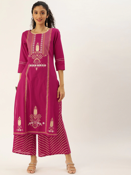 Women Magenta Panelled Kurta with Palazzos