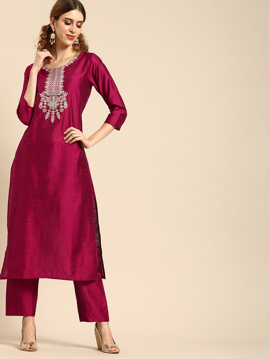 Women Magenta Pink Embroidered Kurta with Trousers