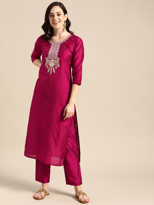 Women Magenta Pink Kurta with Trousers