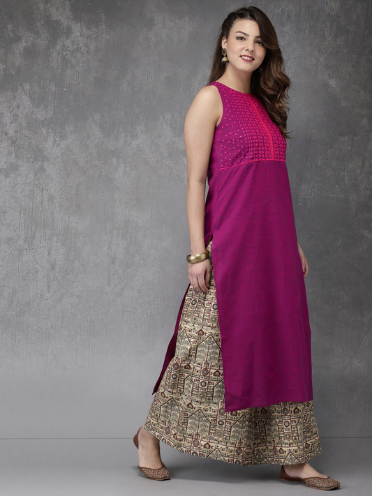 Women Magenta & Beige Kurta Set