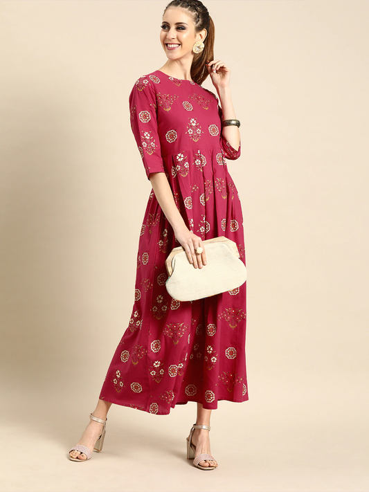Women Magenta Printed A-Line Dress