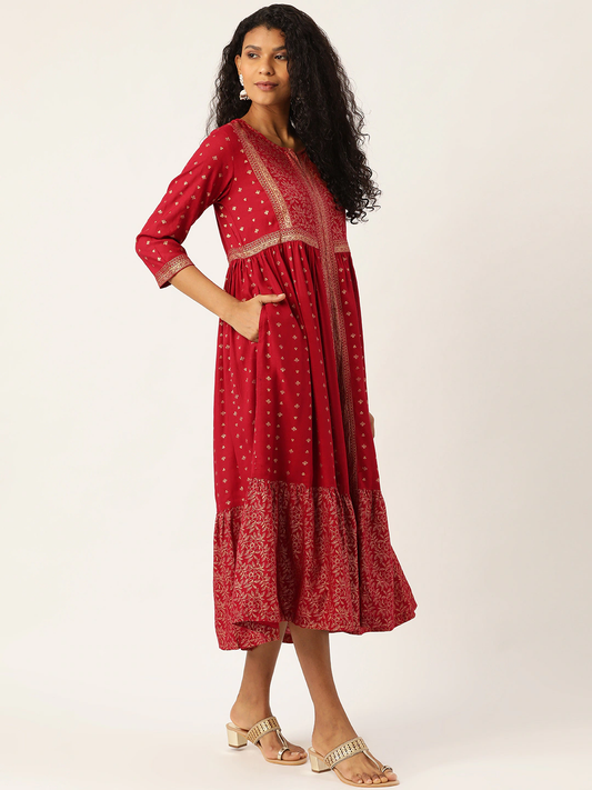 Women Maroon Color Flared Dress