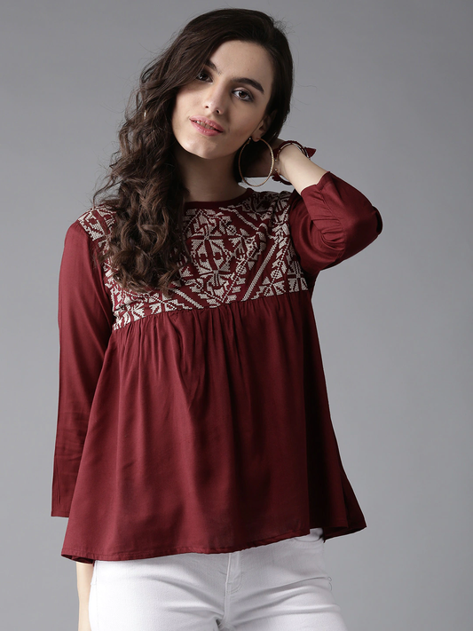 Women Maroon Embroidered Top