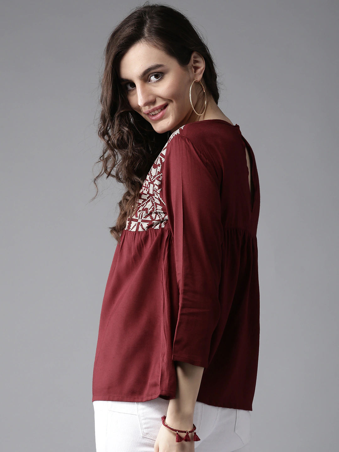 Women Maroon Embroidered Top