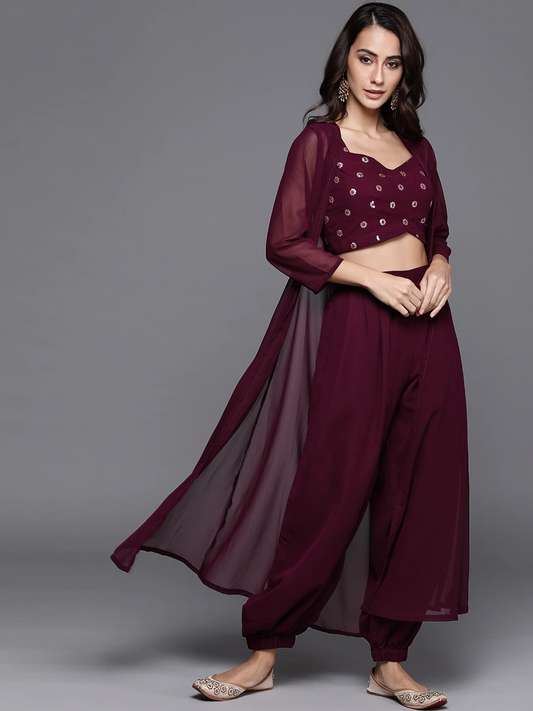 Women Embroidered Sequinned Top with Salwar And Shrug
