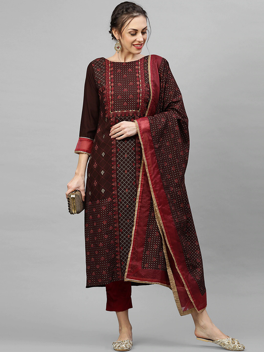 Women Maroon Ethnic Motifs Printed Kurta Set
