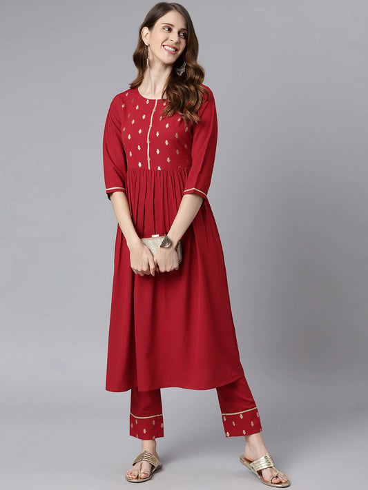 Women Red & Golden Yoke Design Kurta Set