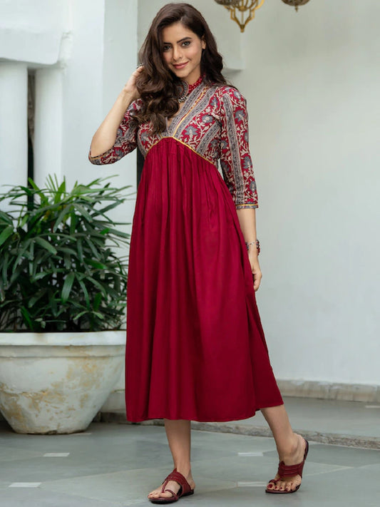 Women Maroon Printed A-line Dress