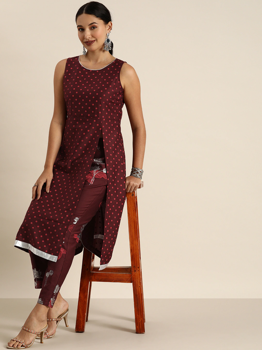 Women Maroon Printed Kurta Set