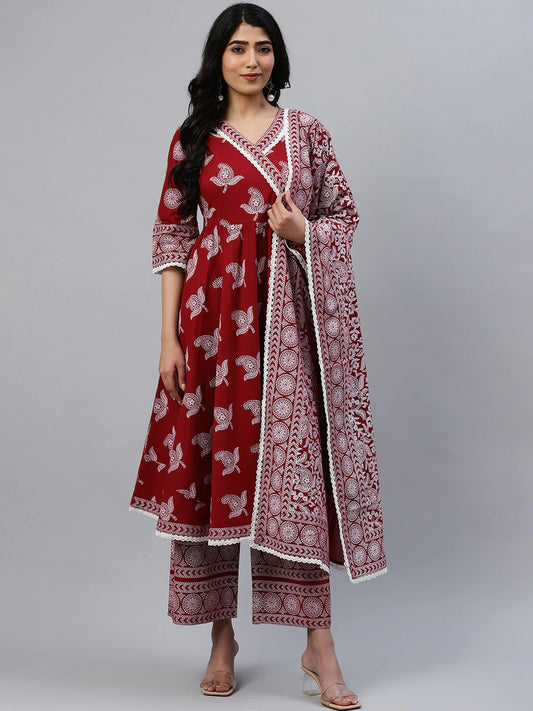 Women Maroon Printed Kurta Set