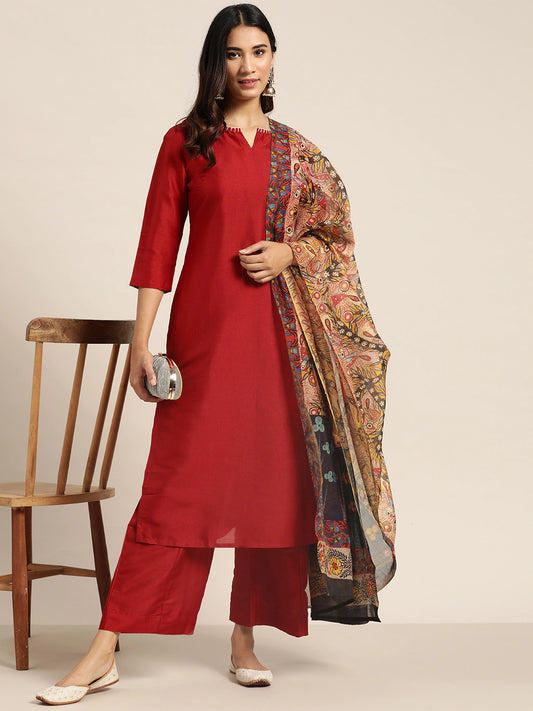 Women Maroon Regular Solid Kurta Set