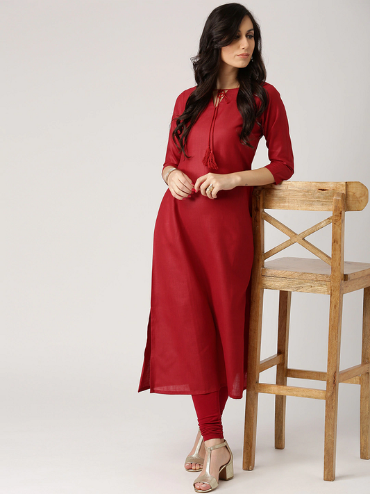 Women Maroon Solid A-Line Kurta
