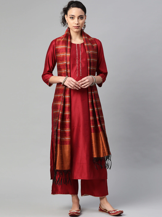 Women Maroon Kurta, Palazzos & Dupatta Set