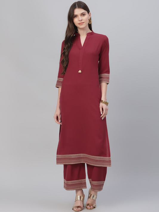 Women Maroon Solid Kurta Set