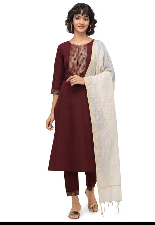 Women Maroon Straight Cotton Kurta Set