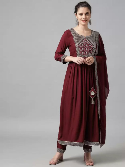 Women Maroon Viscose Rayon Embroidered Flare Kurta set