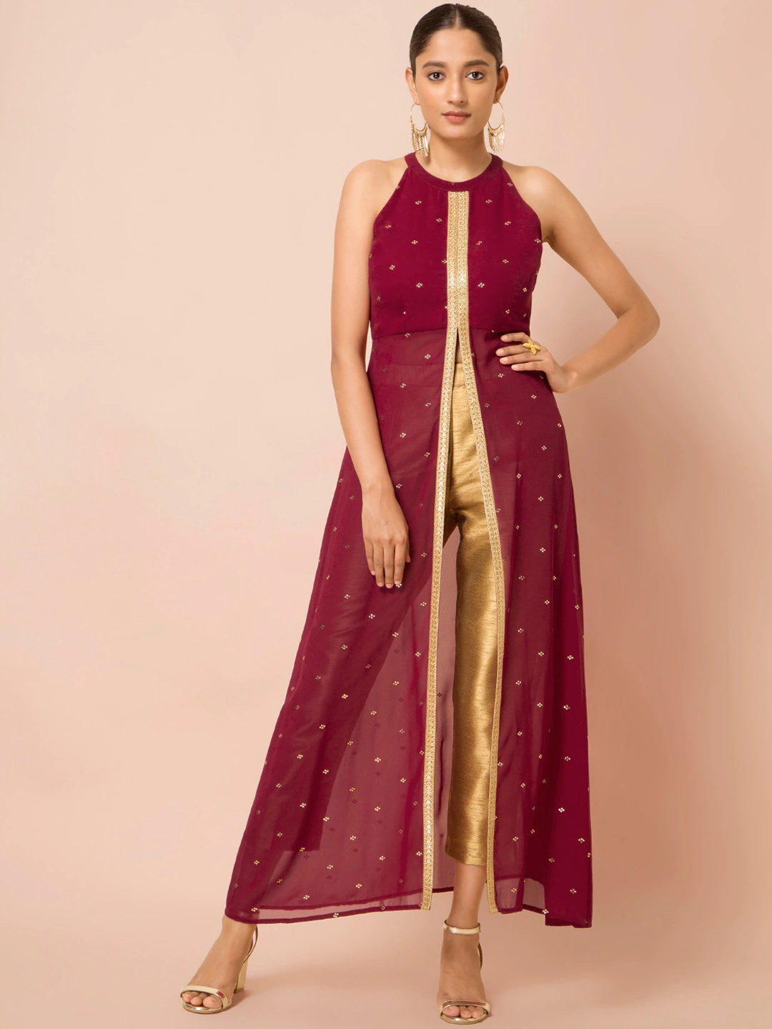 Women Maroon & Gold Longline Maxi Top