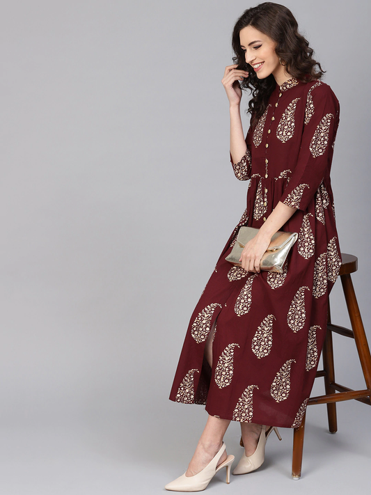 Women Maroon Block Print Dress