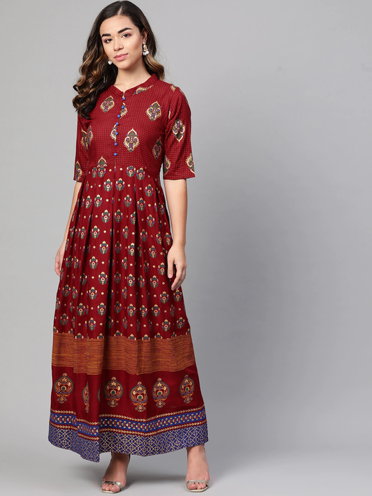 Women Maroon & Golden Printed Maxi Dress