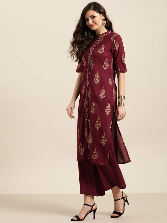 Women Maroon & Golden Cotton Set