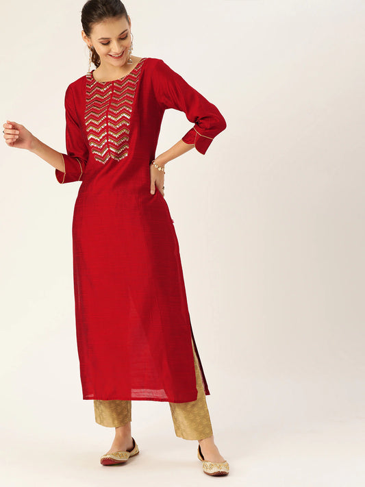 Women Maroon & Green Solid Kurta