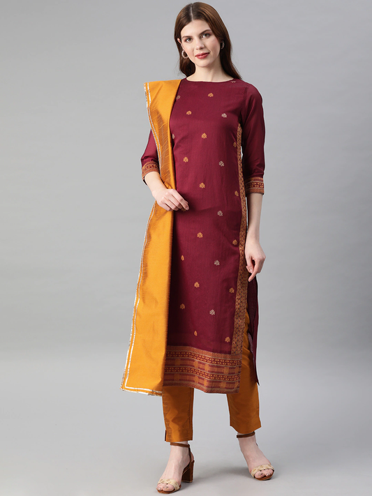 Women Maroon & Mustard Yellow Kurta Set