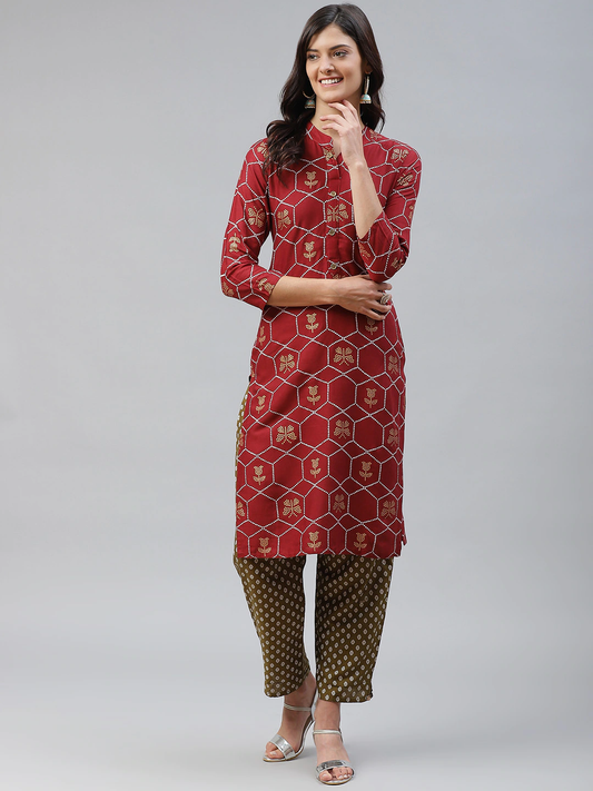 Women Maroon & Olive Green Kurta Set
