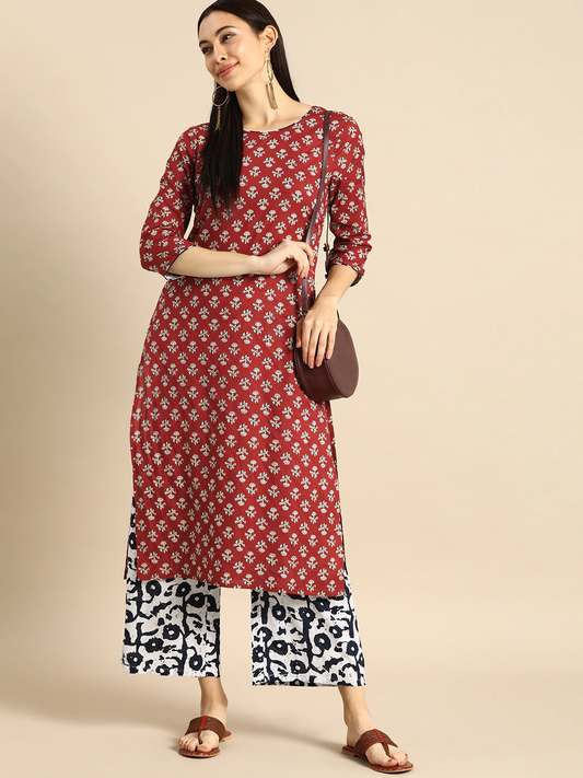 Women Maroon & White Kurta Set