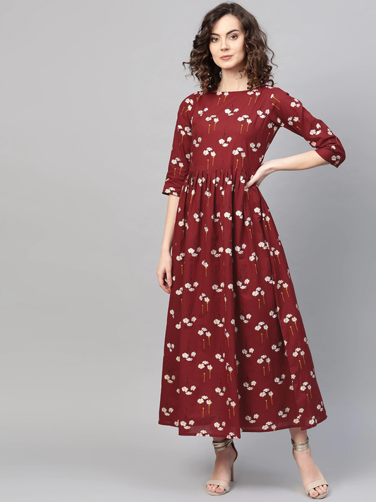 Women Maroon & White Maxi Dress