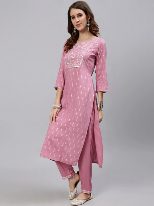 Women Mauve Ethnic Motifs Yoke Design Kurta Set