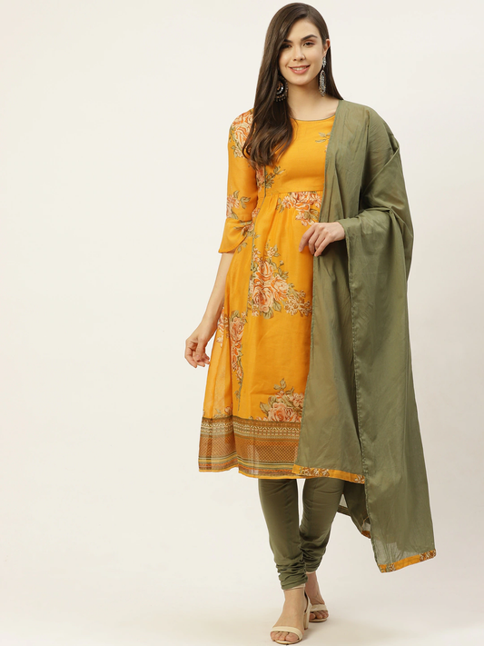 Women Mustard Floral Printed Kurta Set