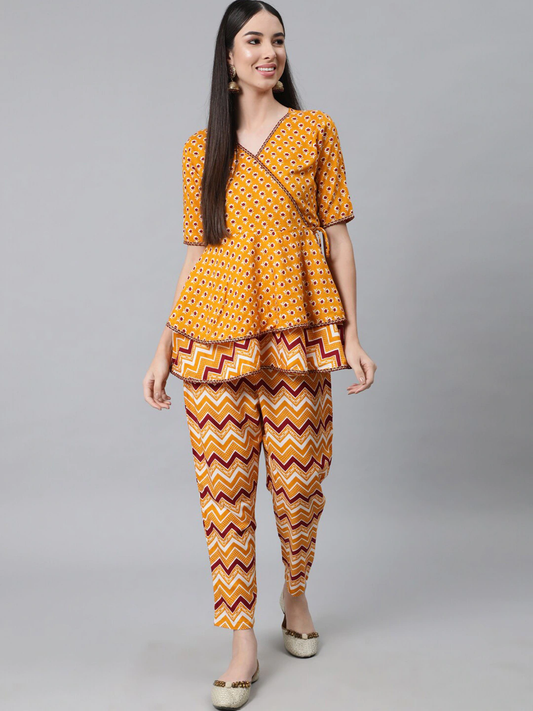 Women Mustard Yellow Angrakha Cotton Kurti Set