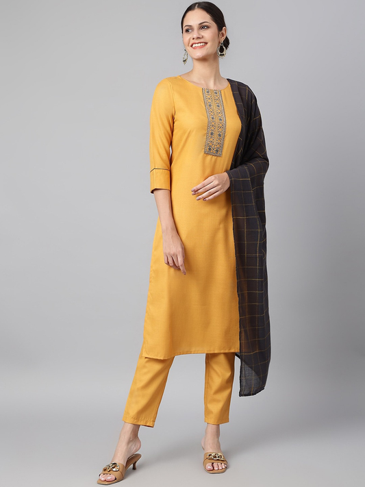 Women Mustard Yellow Panelled Kurti Set