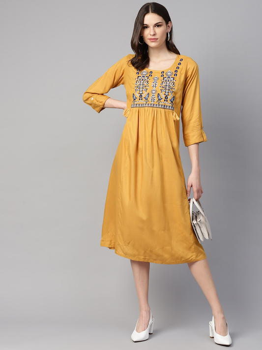 Women Mustard Yellow Solid Dress