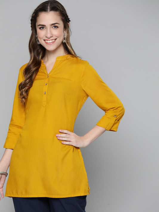 Women Mustard Yellow Solid Kurti