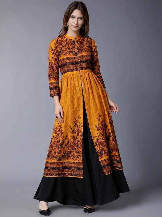 Women Mustard Yellow Floral Print Kurta