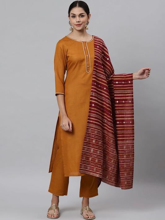 Women Mustard Yellow & Maroon Kurta Set
