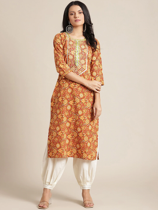Women Mustard Yellow Printed Kurta