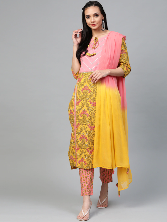 Women Mustard Yellow Pure Cotton Kurta Set With Dupatta