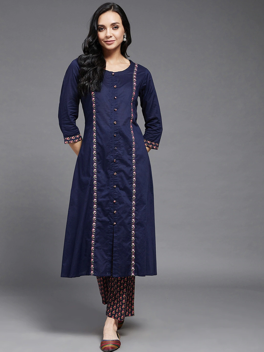 Women Navy Blue Ethnic Motifs Embroidered Kurta Set