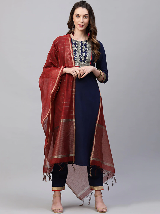 Women Navy Blue Ethnic Motifs Kurta Set