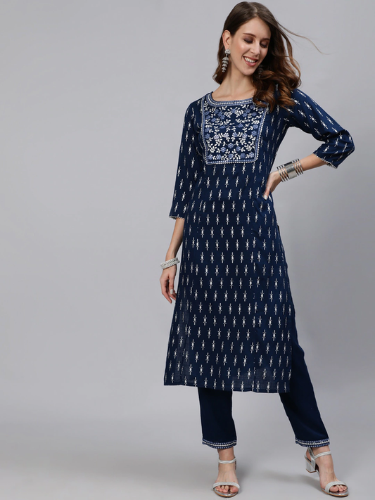 Women Navy Blue Yoke Design Kurta Set