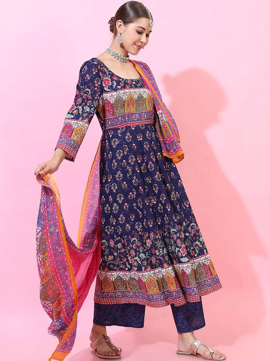 Women Navy Blue Ethnic Printed Empire Pure Cotton Kurta with Palazzos & Dupatta