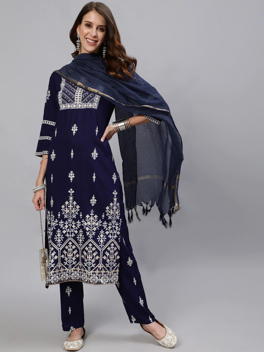Women Navy Blue Floral Embroidered Kurta Set